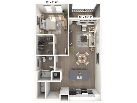 A 3D floor plan of a small apartment with a kitchen, living room, and bathroom.